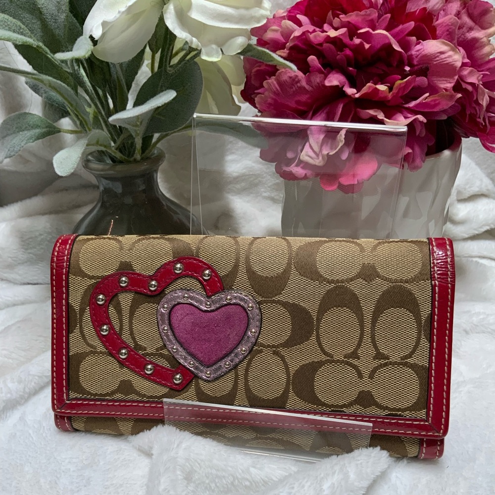 Coach Tan and Pink Heart Accent Wallet
